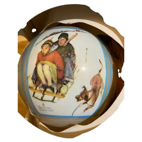 Vintage Norman Rockwell Christmas 1980 glass sled, riding ornament in box - Picture 2 of 4